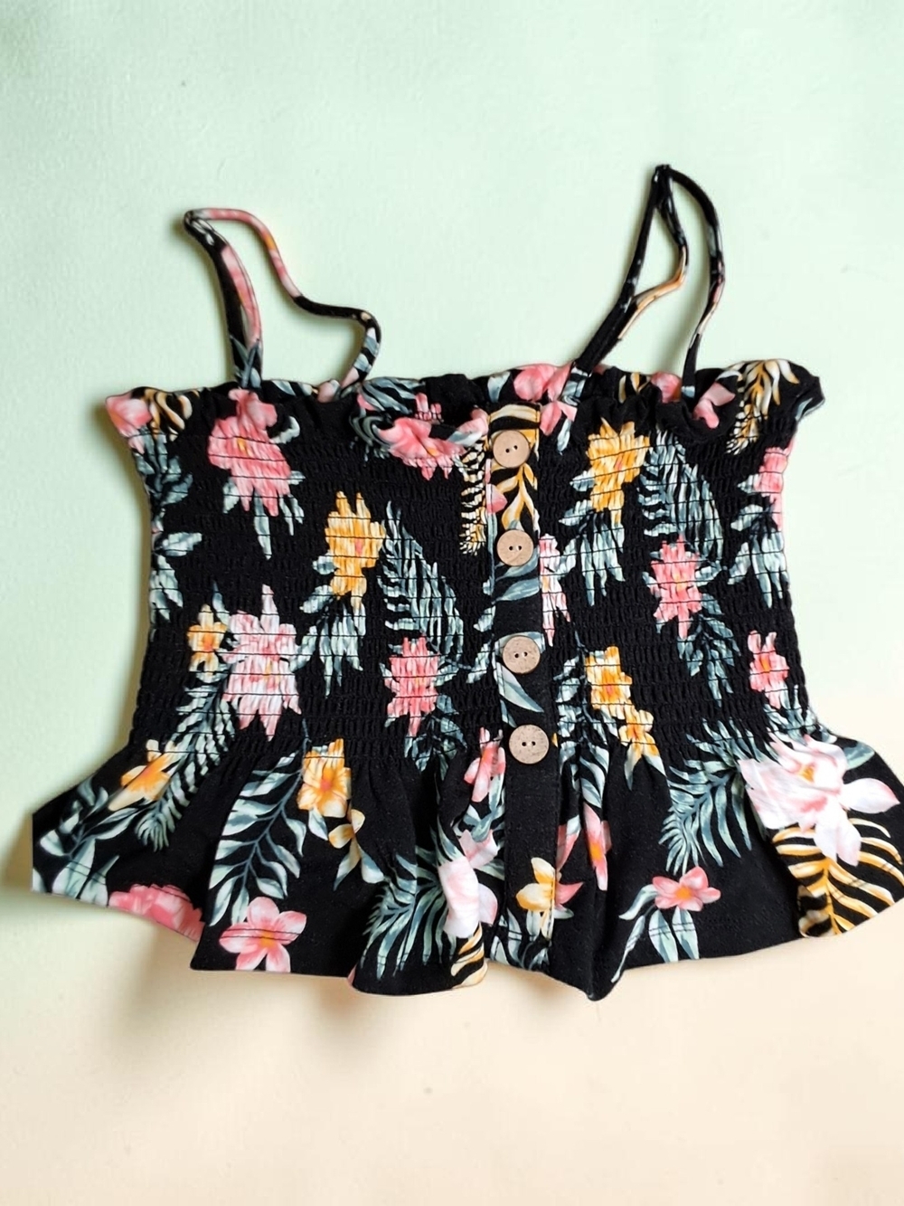 No Boundaries Black Floral Smocked Ruffle Button Crop Top